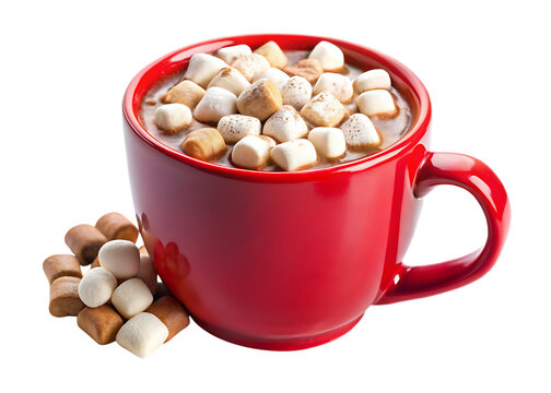 Red mug filled with hot chocolate and marshmallows