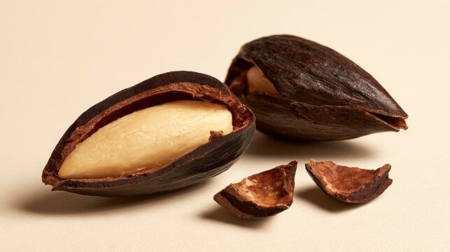 Close up of pili nuts with one cracked open showing the creamy white kernel on a neutral background