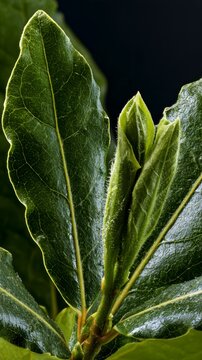 Close up of fresh green bay laurel leaves on a branch against a dark moody background setting