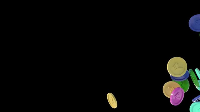 Colorful plastic indian rupee coins floating and falling in slow motion
