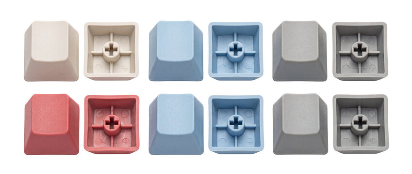 Mechanical keyboard keycaps set blank custom plastic switches showing top and bottom stem mount details on black background for gaming pc setup and DIY custom mechanical keyboard building.