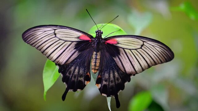 Black and Pale Butterfly Resting with Wings Spread on a Leaf