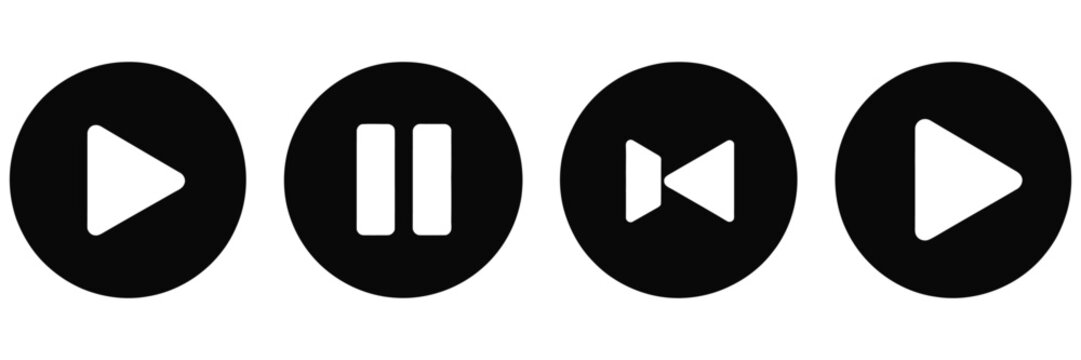 Play pause icon set with media control buttons in outline and solid styles for audio video player, vector, design