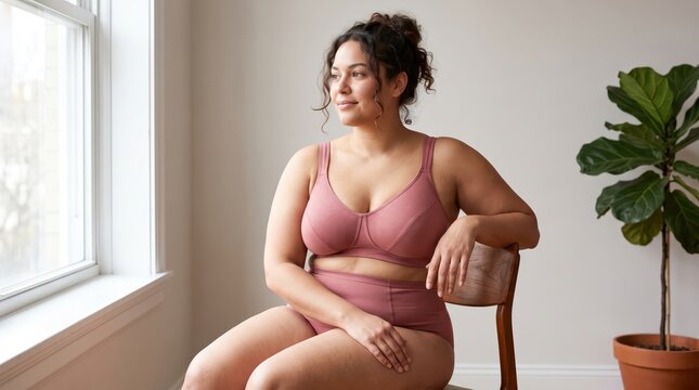 Curvy woman in pink activewear seated on a chair beside a window. Body positivity and self acceptance. Plus size wellness and inclusive fitness. Comfortable activewear lifestyle.