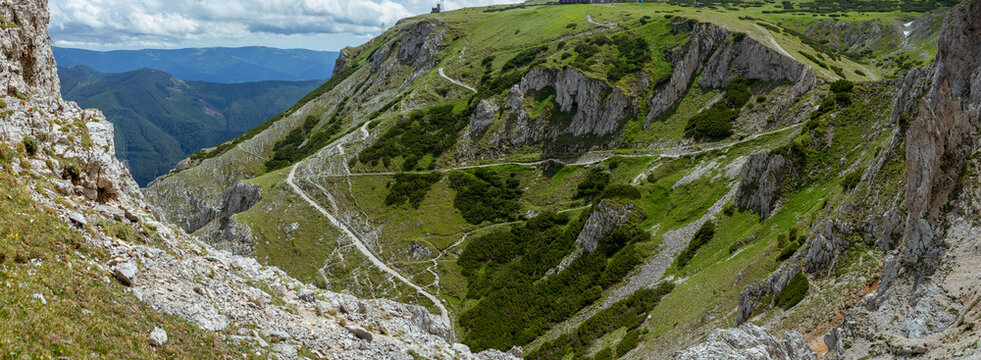 Winding Alpine Hiking Trails Crossing Dramatic Rugged Limestone Slopes and Green Mountain Valley in Rax Alps Austria