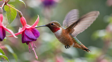 Fototapeta premium Hummingbird Hovering Near Pink Fuchsia Flower in Garden