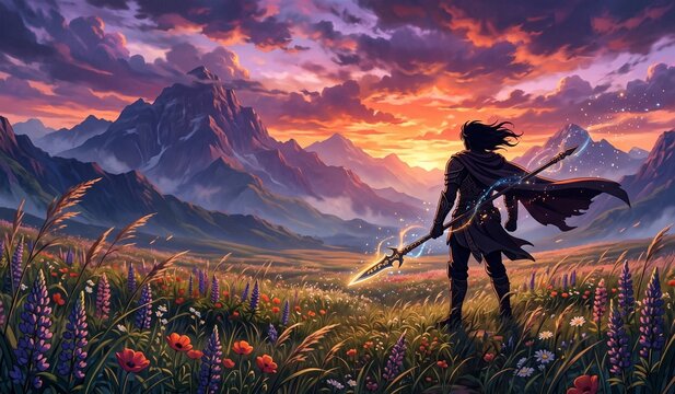 Ancient Warrior With Glowing Magic Spear in a Fantasy Meadow