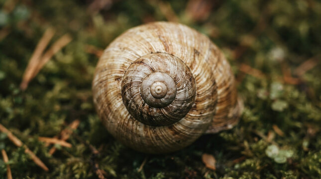 Spiral Snail Shell Resting on Mossy Forest Floor