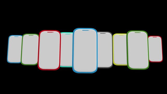Row of colorful smartphones popping up for mobile app display mockup