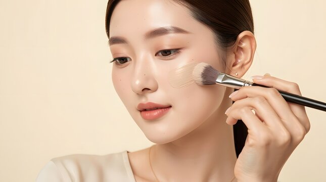 Asian woman applying foundation on her smooth cheek with a professional makeup brush in studio.