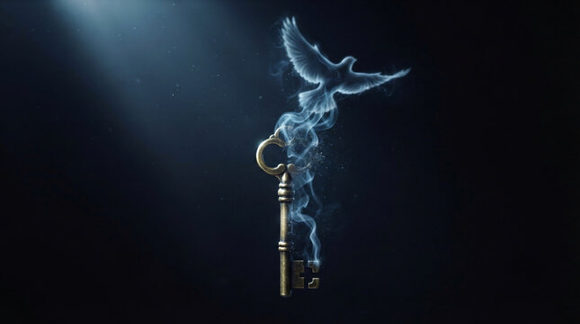 Vintage key turning into a smoke bird on a dark background
