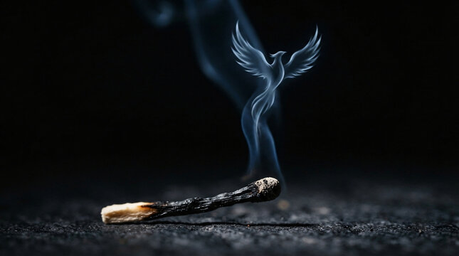 Burnt matchstick with smoke forming a flying phoenix bird silhouette
