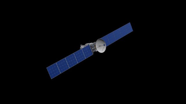 Full view of a realistic telecommunication satellite orbiting with extended solar panels