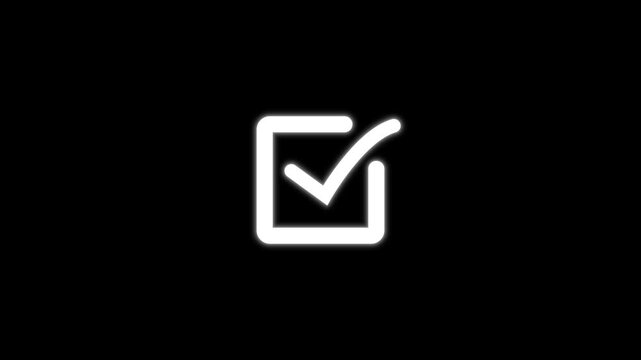 White check mark icon animation for approval, verification, success and confirmation on black background
