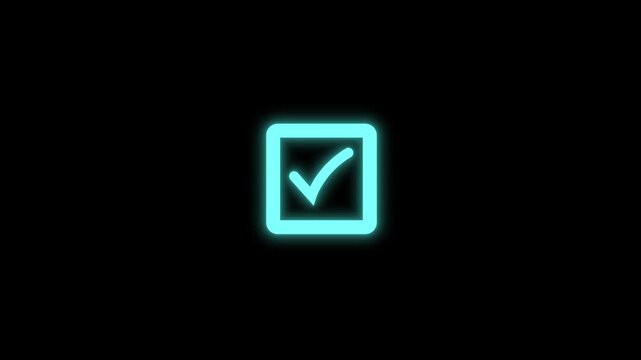 Cyan glowing check mark animation icon for approval, success, confirmation and verified status on black background