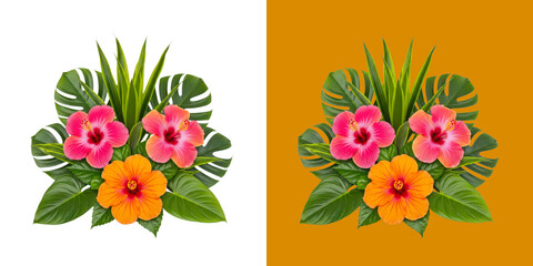 Beautiful pink and orange hibiscus flowers with green tropical palm leaves arrangement transparent png © Ridoy