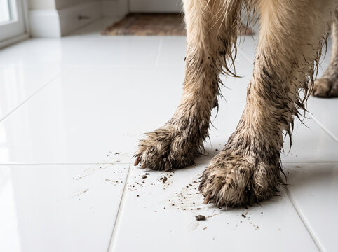 Muddy dog paw print on a white tiled floor. Close-up of dirty dog paws leaving traces of mud.