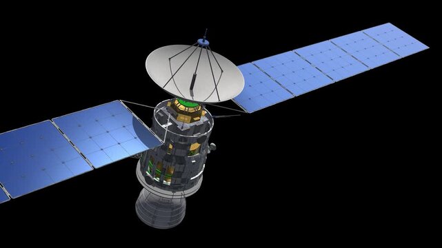 Close up view of a realistic telecommunication satellite with solar panels