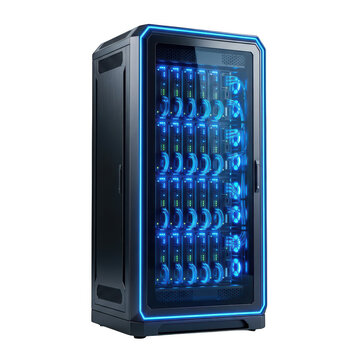 Modern highperformance server rack cabinet with glowing blue led lights for data center and cloud computing infrastructure isolated on transparent background