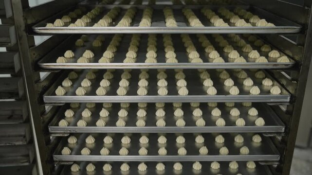 Camera pulling back from trays of unbaked cookie dough on industrial racks in a commercial bakery