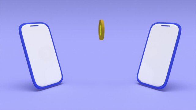 Currency exchange animation transferring US dollar to euro between two smartphones