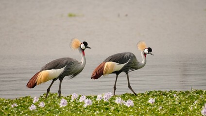 Obraz premium Graceful grey crowned crane couple walking in Naivasha, Africa