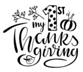 My first thanksgiving hand lettering typography design with pumpkin and leaf elements transparent background © AbstractZone