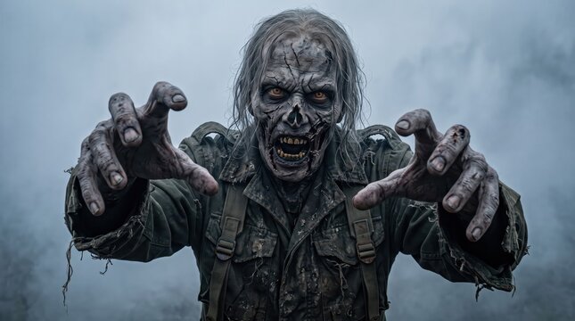 Zombie reaching toward camera in tattered clothing against fog. Horror makeup and creature character portrait. Halloween costume and seasonal fright concept. Undead monster for horror