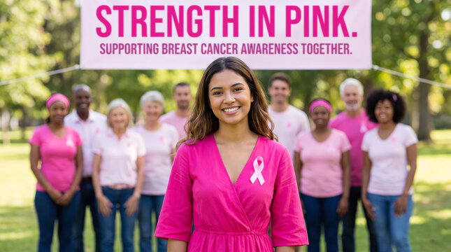 Smiling Young Woman Wearing Pink Ribbon with Diverse Group of Supporters Standing in Park for Breast Cancer Awareness Month Campaign