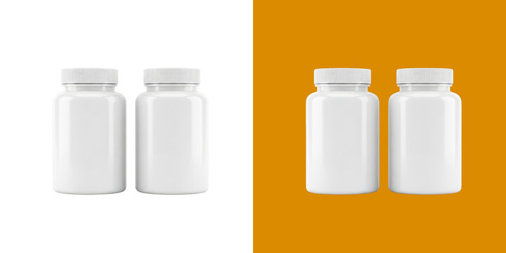 Two white plastic medicine pill bottles on a split color background 3d render transparent png