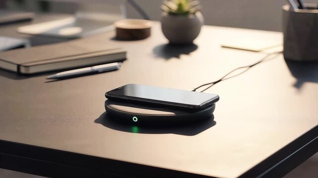 Smartphone charging wirelessly on sleek dark office desk surface video footage clip animation