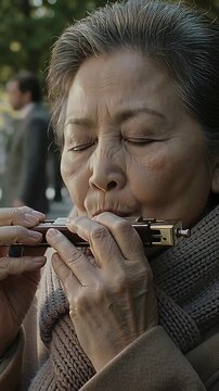 Vertical video: Breathing senior Asian woman practicing chromatic harmonica on path in scarf coat