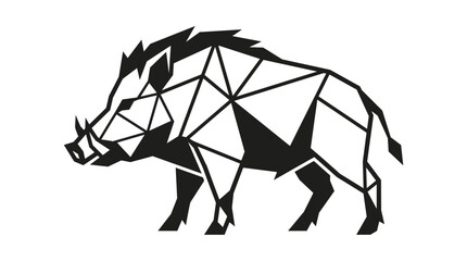 Fototapeta premium Minimalist geometric wild boar illustration in a black and white low poly style, stylized forest animal profile with tusks and sharp lines, isolated on a white background