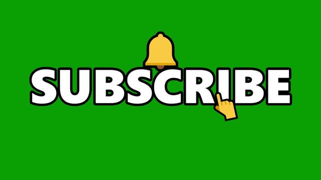 Animated subscribe button with ringing notification bell and clicking hand cursor on green screen background, chroma key social media video overlay