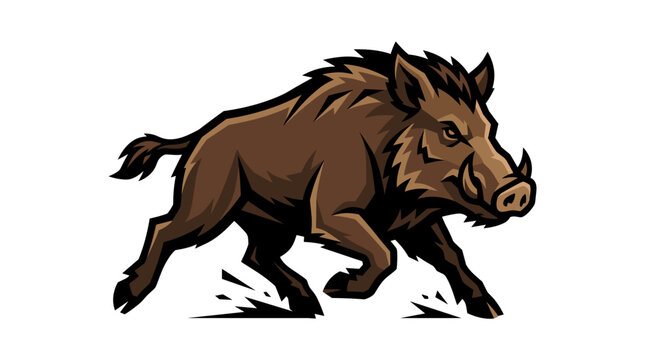 Stylized vector illustration of an aggressive wild boar or feral hog running in a three-quarter view with sharp tusks and thick fur, mascot style design isolated on white background.