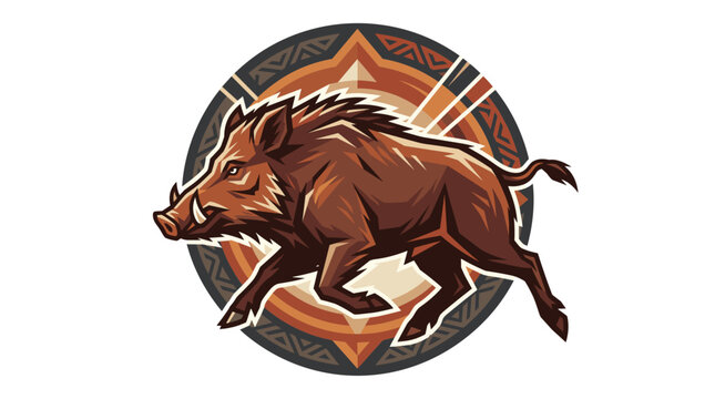 Stylized vector illustration of a wild boar mascot charging forward with prominent tusks and brown fur, set against a circular geometric and tribal pattern background.