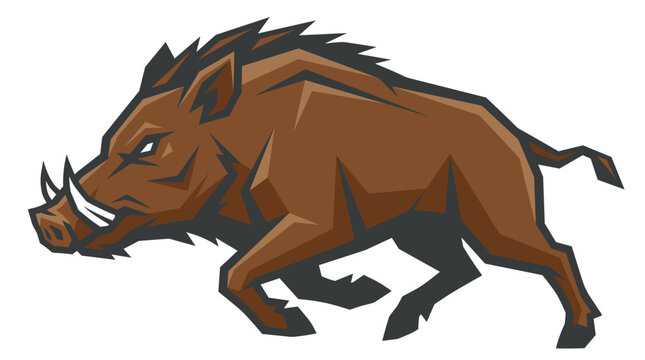 Stylized geometric wild boar charging mascot illustration with brown fur and white tusks, isolated on white background, ideal for sports team logos, emblems, and animal branding graphics.