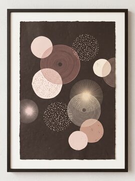Framed abstract geometric wall art with circles, dots and concentric lines. Minimalist print for contemporary interior decor. Modern graphic design. Earthy neutral palette.