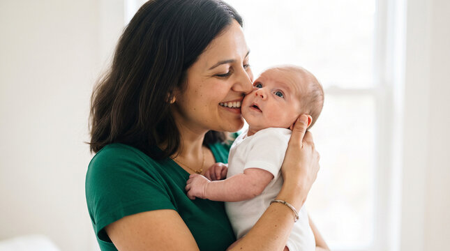 Mother holding and looking affectionately at her baby