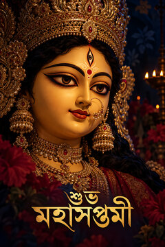 Graceful goddess durga idol portrait with golden crown jewelry and festive flowers celebrating sacred maha saptami during durga puja and navratri celebration