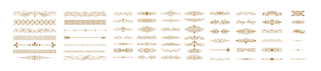 Fototapeta premium Vintage Gold Calligraphic Decorative Borders and Page Dividers Luxury Floral Filigree Ornaments, Swirls, and Greek Key Border Elements Halftone Texture Vector Set