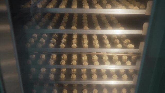 Mass production of cookies on trays inside a large industrial oven at a food factory