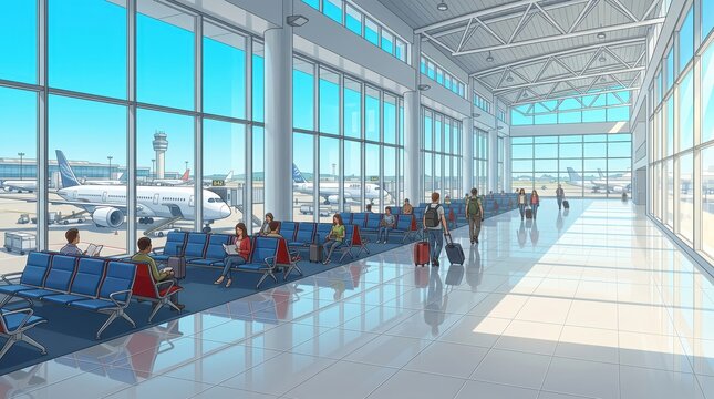 Travelers waiting in airport terminal beside windows and parked airplanes. Air travel and passenger transportation. Departure lounge and commercial aviation. Illustrated travel scene.