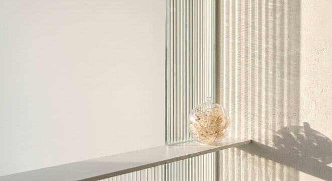 Glass vase with decorative flowers on a modern window sill  