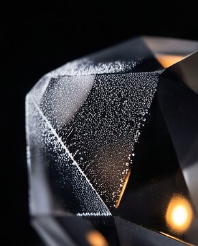 Clear crystal prism with bubbles reflecting light on a dark background  