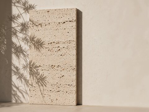 Textured stone block casting shadow on a smooth beige wall  