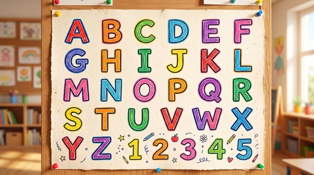 Colorful alphabet and number chart in classroom. Early literacy and numeracy learning for young children. Preschool education, phonics and school readiness. Hand drawn teaching aid.