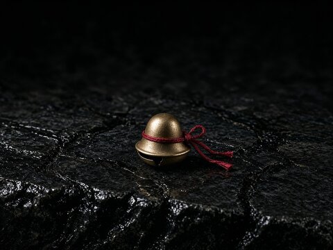 Small antique brass bell with red ribbon on textured black surface  