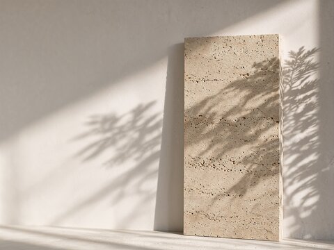 Textured beige stone slab with shadows on a white wall background  