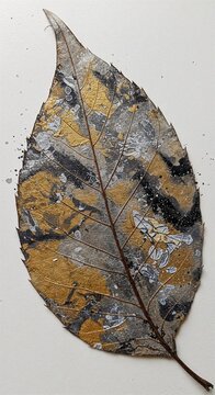 Leaf with gold and silver paint textures on a white background  